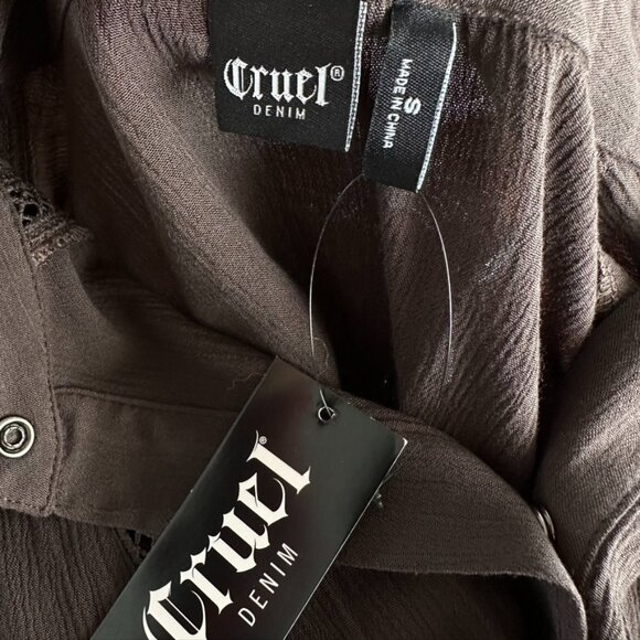 NWT CRUEL DENIM Crinkle Gauze Snap Shirt Crochet Western Prairie Romance Brown S - Picture 11 of 13